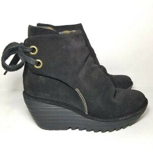 FLY London Suede Wedge Ankle Boots Black Size 36 Tie Closure